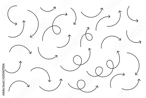 Obraz na plátně Hand drawn thin line arrows set. Many vector curvy arrow set