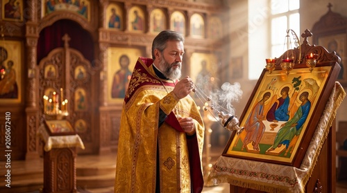 Priest swinging censer with incense smoke in front of orthodox icon in church. Religious ceremony for Pentecost. Christian clergyman performing traditional liturgical worship service