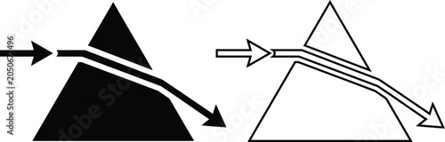 Bild auf Leinwand Vector icon set features a physics light refraction concept through a triangular prism in black silhouette and outline styles, demonstrating scientific optical light bending principles
