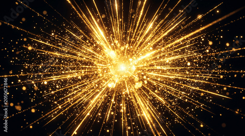 Bright Golden Firework Explosion in Night Sky with Sparkles and Light Trails