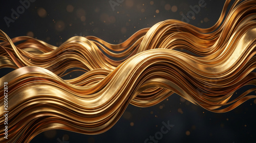Abstract golden flowing waves with sparkles and dark background for design projects