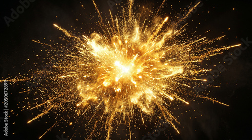 Bright Golden Sparkler Explosion with Glowing Fragments Against Black Background
