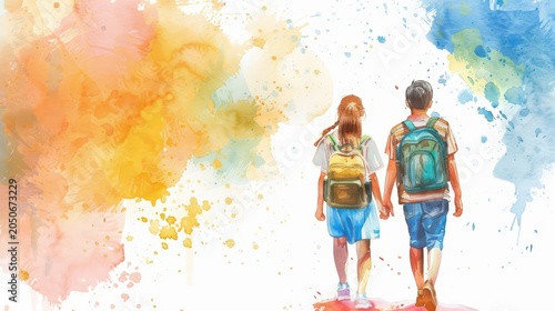 Watercolor scene of two school children walking hand in hand with backpacks for end of course background poster and educational banner design