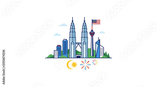 Photography Kuala Lumpur Skyline Illustration with Petronas Towers and Malaysian Flag
