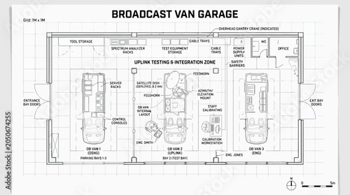 Canvas-taulu Architectural floor plan of a broadcast van garage with uplink testing zone and