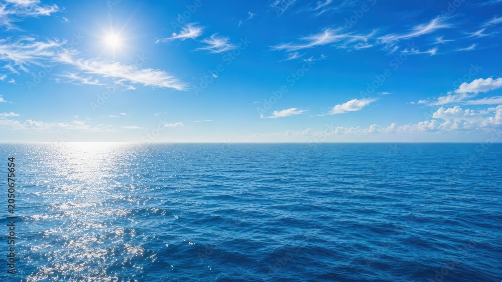 Naklejka premium Bright sun shines over a vast, calm ocean under a blue sky with scattered clouds.