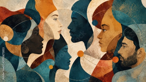 A stylized illustration of diverse faces in profile, interconnected by abstract lines and circles, symbolizing unity and cultural diversity.