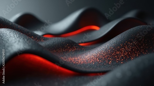 Abstract waves of dark gray and bright red flowing liquid shapes with a smooth modern glossy texture for background