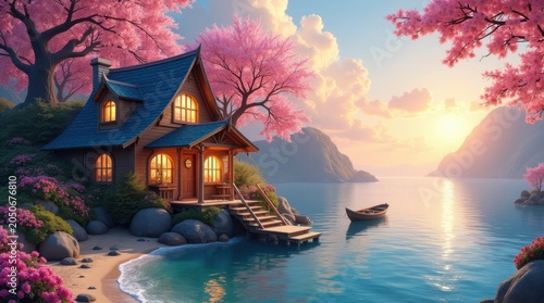 Cozy wooden cabin near a peaceful lake with blooming pink cherry blossom trees during a beautiful colorful sunset scenery