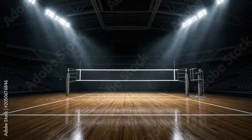 Wide shot of an empty indoor volleyball court inside a dark professional arena
