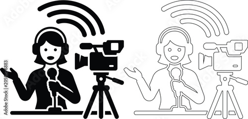 Fotografie Minimalist flat vector icon set featuring a female news reporter and television broadcaster with a microphone and video camera in solid black silhouette and linear outline styles