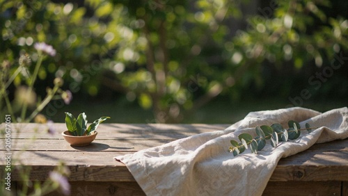 Outdoor garden setting with wooden table, linen napkin, and eucalyptus sprigs