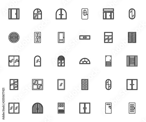 Doors and windows icon set. Minimal line icons pack. Vector illustration. Featuring French doors, sliding doors, double doors, window, door and more. Editable stroke.