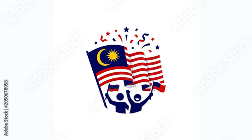 Malaysia National Day Celebration Illustration with People Waving Flags