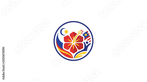 Malaysia National Day Emblem with Hibiscus Flower and Flag Motif