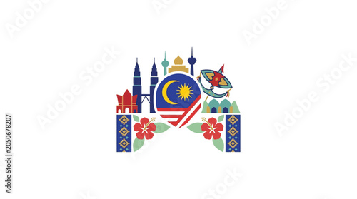 Malaysia National Icon Illustration with Landmarks and Hibiscus