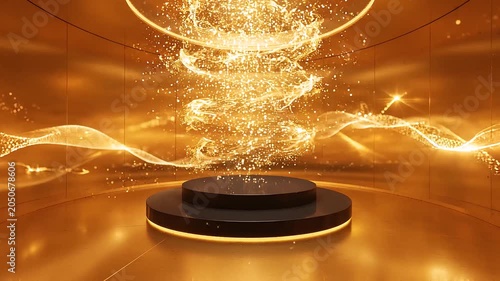 Golden podium with sparkling particles, luxury presentation background, shiny gold floor, abstract light trails