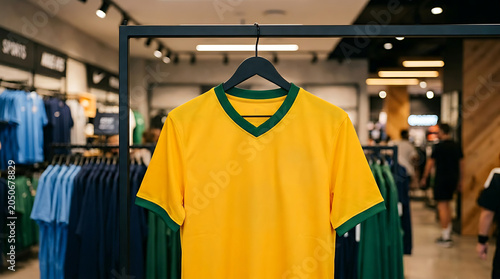 Yellow and green soccer jersey hanging on a rack in a retail sports store