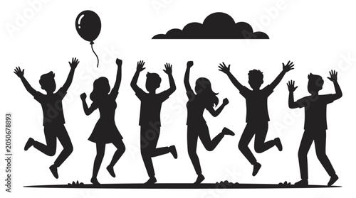 Silhouette of people jumping with balloon.