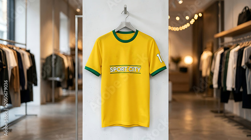 Yellow sport city soccer jersey hanging on a display rack in a clothing store