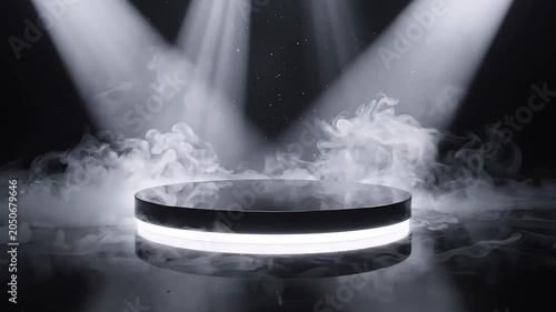 Glowing neon stage, fog effect, spotlight, black background, circular platform