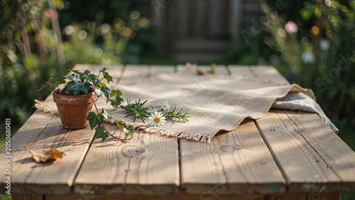 Rustic wooden table with potted ivy, herbs, and daisy in a sunlit garden