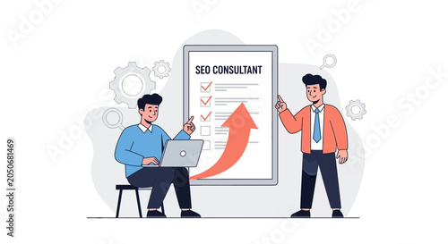 Tableau sur toile SEO Consultant Team Analyzing Growth Strategy with Laptop and Checklist