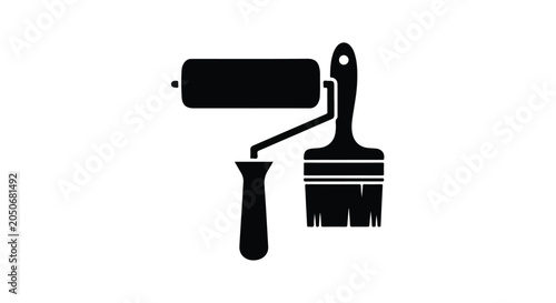 Foto Minimalist paint roller and brush icon vector, black silhouette painting tools f