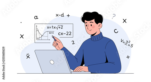 Student learning mathematics online with laptop and formulas, vector illustration