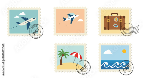 Foto Vintage travel postage stamps set, retro vacation mail stickers with airplane an