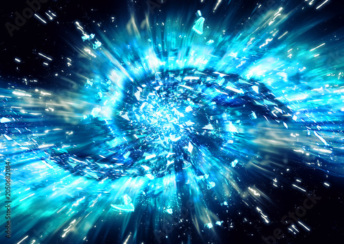 青い光が炸裂する未来的なエネルギー爆発背景｜デジタルテクノロジーと宇宙空間の抽象イメージ