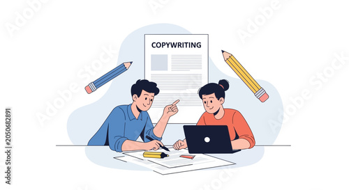 Two people collaborating on copywriting, writing, and content creation with laptops and pencils.