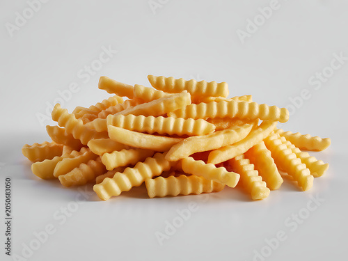 Golden Crinkle Cut French Fries on White Background