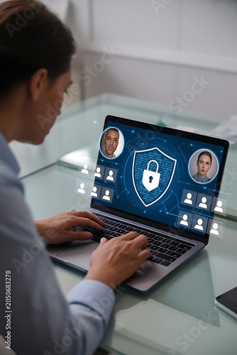 Woman Working on Laptop with Cybersecurity Interface on Screen