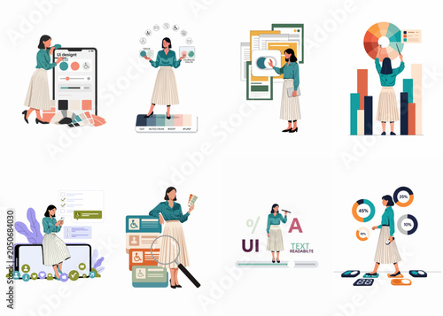 Foto Set of illustrations featuring a female designer working on inclusive and accessible UI design, focusing on color palettes, readability, and user experience