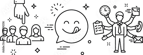 Human resources recruitment candidate selection line icon set with delicious feedback emoji speech bubble and multitasking business manager