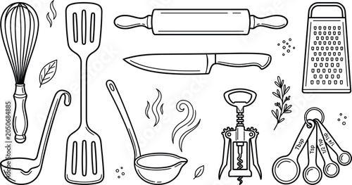 Fotografía Kitchen utensils line art vector set with whisk spatula rolling pin knife grater