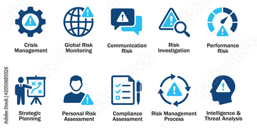 Valokuva Crisis management solid icons and corporate risk assessment glyph elements