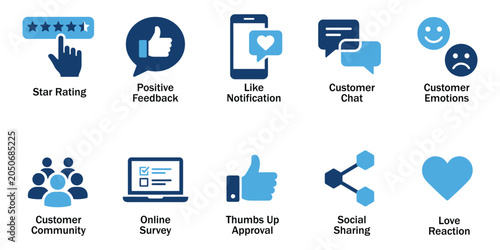 Bild auf Leinwand Social media engagement solid icons and customer feedback glyph elements