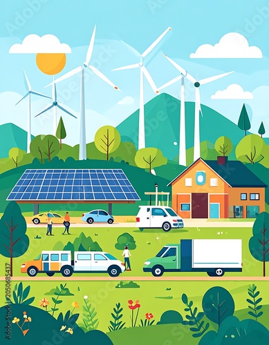 Sustainable living with solar panels wind turbines.