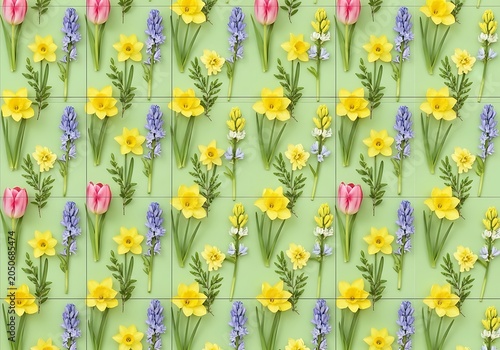 A vibrant seamless pattern featuring an array of colorful spring flowers on a soft green background.