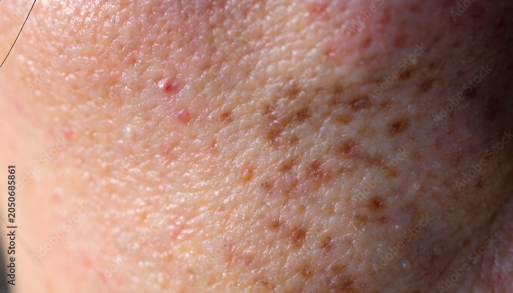Fototapeta premium Pimple Marks and Uneven Skin Texture Macro Close-Up on Human Face, Acne Scars, Enlarged Pores, Realistic Skin Imperfections, Dermatology and Skincare Concept, Ultra Detailed Facial Texture Background