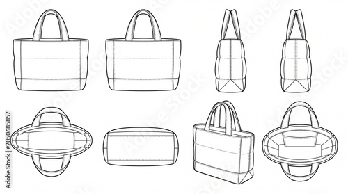 Canvas Tote Bag Technical Flat Sketch Set - Fashion Design Handbag Vector Template