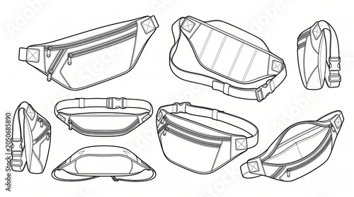 Waist Bag Fanny Pack Technical Flat Sketch Vector Set with Multiple Views and Details