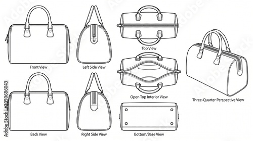 Duffel Bag Technical Fashion Sketch Set Vector Template for Design - Front, Back, Side, Top, Bottom, Perspective Views