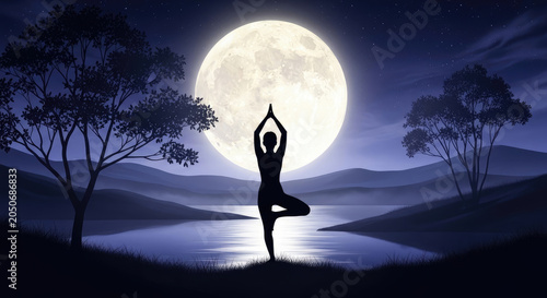 Peaceful tree pose yoga silhouette by the lakeside under a large full moon