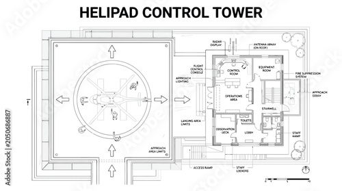 Quadro su tela Architectural Blueprint of a Helipad Control Tower with Layout and Features arch
