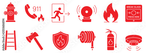 Foto Fire emergency icon set with flat red signs for safety, evacuation, firefighting equipment and smoke detection vector illustration