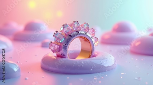 Beautiful shiny diamond ring with pink and purple glowing lights in a dreamy magical abstract setting