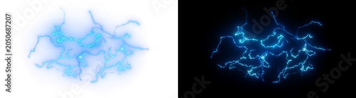 Bright blue electric lightning bolt discharge with glowing plasma energy sparks isolated on transparent background